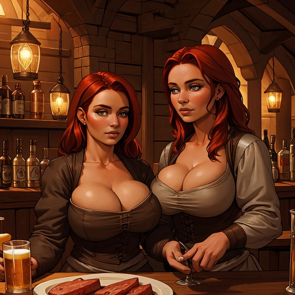 a beautiful red-haired woman with large ,detailed facial features,detailed eyes and lips,medieval tavern interior,medieval bartender uniform,serving ale,intricate details,cinematic lighting,warm color tones,masterpiece,ultra-detailed,photorealistic