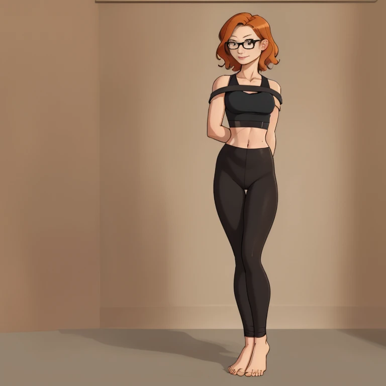 A beautiful barefoot ginger woman with wavy short hair wearing glasses, black leggings and a croptop, tied stand, full body