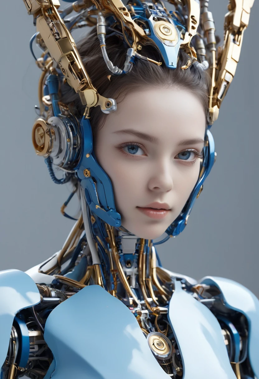 (masutepiece, Humanoid robot with complex machinery:1.3), (Captivating depiction of human-shaped robot figures:1.2),Beautie、 (Meticulously crafted to showcase the fusion of technology and aesthetics:1.2), (The body of the robot consists entirely of complex gears, Gold and titanium parts:1.1), (Wires intricately interweave the frame to form a mechanical circulatory system:1.1), (Strategically positioned porcelain plates to protect critical components:1.1), (Human-like head with a perfectly symmetrical face:1.1), (Thick and dark eyebrows surround expressive features:1.1), (Hair styled in stunning upsweep fashion, Vibrant shades of blue:1.1), (Set in a scientific laboratory, Focus Lighting Robot:1.1), (A spotlight that highlights the complexity of its machines and the beauty of their design:1.1), (Meticulous attention to gear details, wires, and Components:1.1), (A depiction that captures the harmonious fusion of humans and technology:1.1), (A sense of wonder and innovation represented by the creation of robots:1.1), (Images that inspire reflection on the future of human-machine interaction:1.1), (Precision meets aesthetics、Artwork that creates captivating and thought-provoking compositions:1.1)), Cinematic, ultra-detailliert, Insane details, Beautifully color graded, Unreal Engine, degrees of , Hyper-Resolution, Megapixel, cinematic lightening, Anti-aliasing, FKAA, TXAA, nffsw, SSAO, post processed, Post Production, Tone Mapping, ....CGI, VFX, tokusatsu, insanely detailed and intricat, Hyper maximalist, Hyper realistic, Volumetric, Photorealistic, ultra photoreal, Ultra-detailed, Intricate details, super detailed, fulcolor, Volumetric lightning, nffsw, Realistic, Unreal Engine, 16 K, Sharp Focus, Octane Render