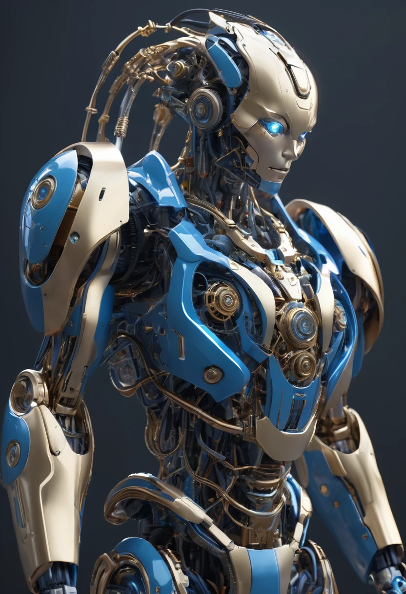 (masutepiece, Humanoid robot with complex machinery:1.3), (Captivating depiction of human-shaped robot figures:1.2),Beautie、 (Meticulously crafted to showcase the fusion of technology and aesthetics:1.2), (The body of the robot consists entirely of complex gears, Gold and titanium parts:1.1), (Wires intricately interweave the frame to form a mechanical circulatory system:1.1), (Strategically positioned porcelain plates to protect critical components:1.1), (Human-like head with a perfectly symmetrical face:1.1), (Thick and dark eyebrows surround expressive features:1.1), (Hair styled in stunning upsweep fashion, Vibrant shades of blue:1.1), (Set in a scientific laboratory, Focus Lighting Robot:1.1), (A spotlight that highlights the complexity of its machines and the beauty of their design:1.1), (Meticulous attention to gear details, wires, and Components:1.1), (A depiction that captures the harmonious fusion of humans and technology:1.1), (A sense of wonder and innovation represented by the creation of robots:1.1), (Images that inspire reflection on the future of human-machine interaction:1.1), (Precision meets aesthetics、Artwork that creates captivating and thought-provoking compositions:1.1)), Cinematic, ultra-detailliert, Insane details, Beautifully color graded, Unreal Engine, degrees of , Hyper-Resolution, Megapixel, cinematic lightening, Anti-aliasing, FKAA, TXAA, nffsw, SSAO, post processed, Post Production, Tone Mapping, ....CGI, VFX, tokusatsu, insanely detailed and intricat, Hyper maximalist, Hyper realistic, Volumetric, Photorealistic, ultra photoreal, Ultra-detailed, Intricate details, super detailed, fulcolor, Volumetric lightning, nffsw, Realistic, Unreal Engine, 16 K, Sharp Focus, Octane Render