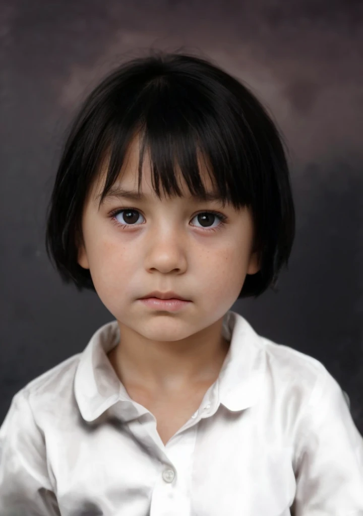 HD quality color photo, of a 5  girl. serious facial expression looking at the camera. Short black hair. Wearing a white shirt. Photo studio dark background