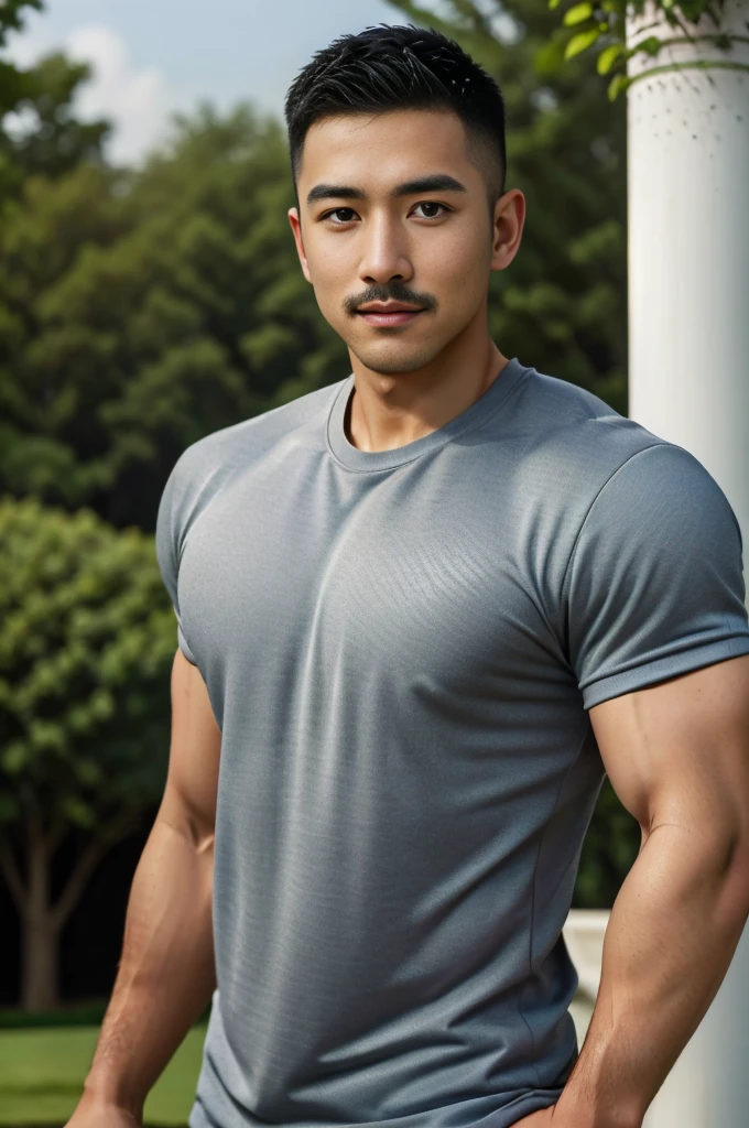Masterpiece, best quality, high resolution, realistic, handsome, Take beautiful photos, Sayk, NRF, Photo of the 35 year old gym association (The man has a thin mustache.:1.2) Portrait, standing in the garden , make military media, weight, Amazing , Buzzcut short hair,stubble head , (Hyper Muscle),looking at the audience, Flirt with the camera, charming, (Tight black exercise shirt ),(GS-Male:1), 8K,Bokeh,Portrait,look at the viewer,