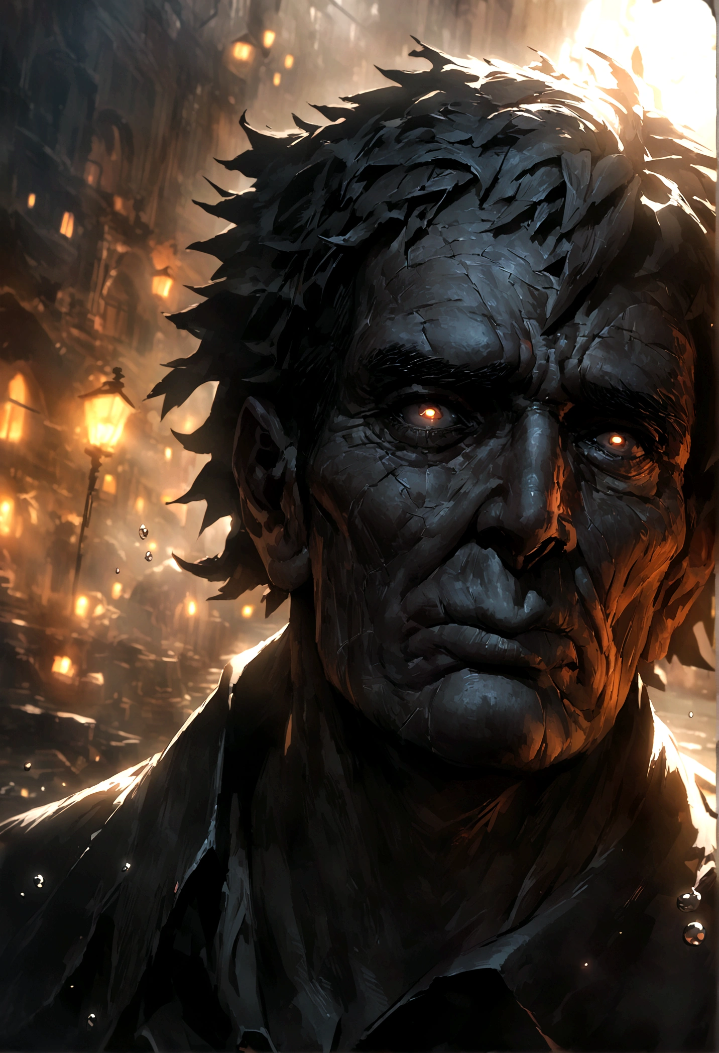 (Sharpness focus:1.2),An award-winning photo of an old farmer,Water Drop,Thunderstorm outside,lightning back lighting,,lines on face,wrinkle,Extremely detailed skin,sad,despair,Cloudy eyes,(Deep Shadows:1.1),High contrast,beautiful eyes,absurd,8K,(high quality:1.3),,artstation hd,Concept Art,Detailed face and body,Award-winning photography,(moodylighting:1.2),Depth of Field, Bokeh, 4K, HDR