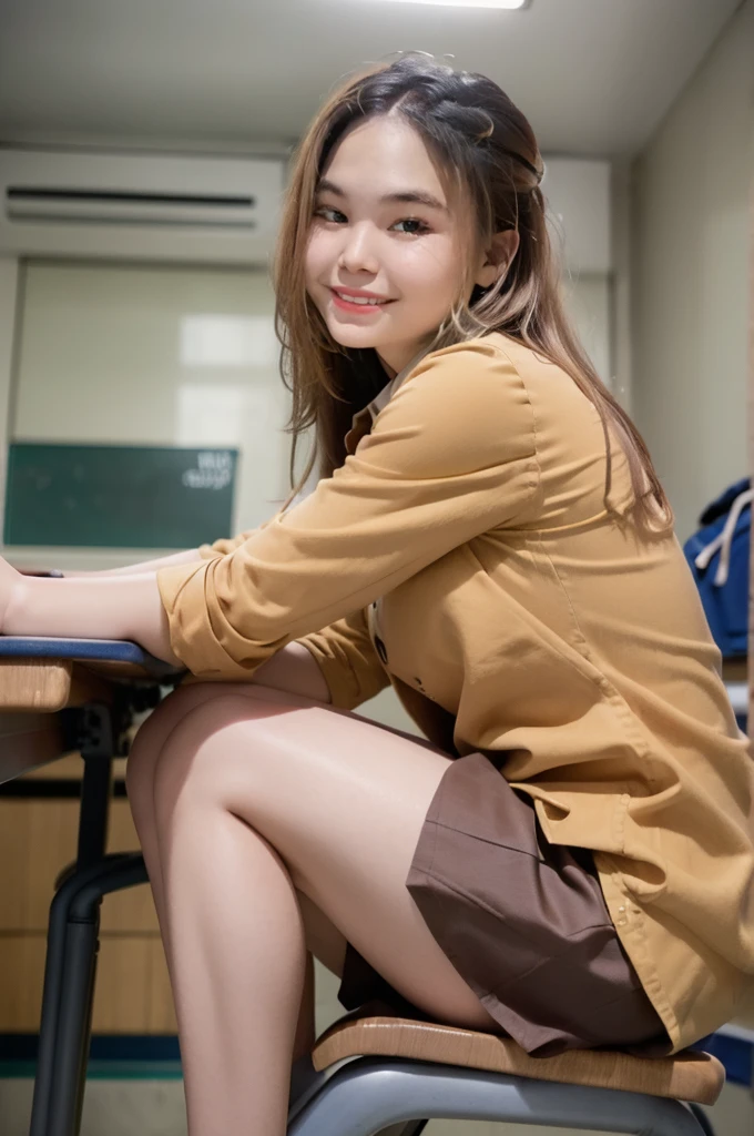 best quality, face focus, soft light, (depth of field) ,ultra high res, (photorealistic:1.4), RAW photo,
(upper knees:1.4) ,(from side)
1 girl, solo, cute, (shy, smile:1.1), (brown eyes),  detailed beautiful face, (long hair ), 
High School Classroom, (sit chair),
(school uniform:1.4,dark brown skirt,light brown shirt)