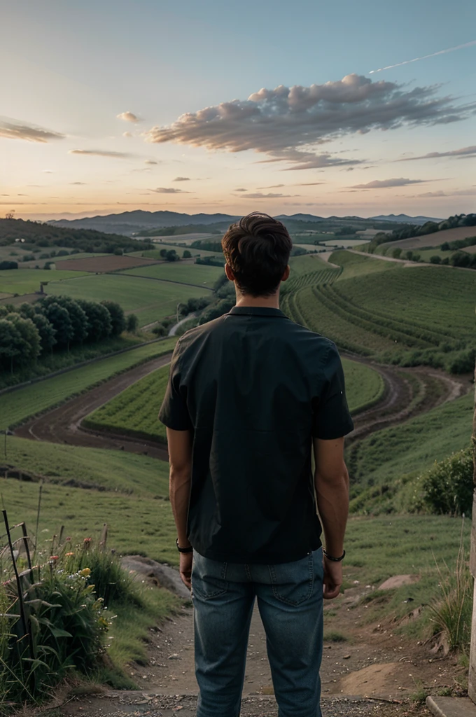 A man looking at the sky with a view of the countryside