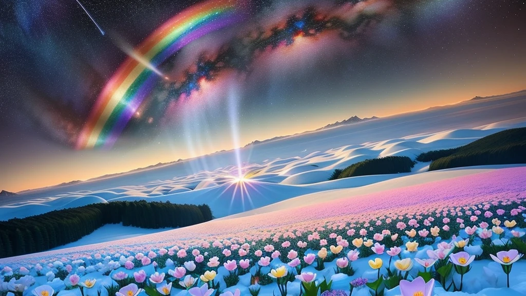 Highest quality、Tabletop、1 Female、solo、(Abstract art:1.4),(Psychedelic Theme:1.6),(Gunjo World:1.5),(Snow World:1.5),(Winter World:1.5),(At the center of the world is the most beautiful woman in the world),(Many stars are falling:1.3),A ray of light spreads,Crystals spreading from the center,Prisma(Nostalgic scenery:1.5),(Colorful flowers:1.3),Garden Girl,Gentle sunlight,Breeze,Delicate flowers,A rainbow-colored butterfly flutters its wings,Captivating natural beauty,Shining Star Fragment,Ice crystals,