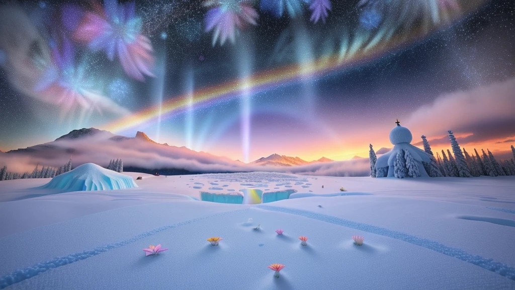 Highest quality、Tabletop、1 Female、solo、(Abstract art:1.4),(Psychedelic Theme:1.6),(Gunjo World:1.5),(Snow World:1.5),(Winter World:1.5),(At the center of the world is the most beautiful woman in the world),(Many stars are falling:1.3),A ray of light spreads,Crystals spreading from the center,Prisma(Nostalgic scenery:1.5),(Colorful flowers:1.3),Garden Girl,Gentle sunlight,Breeze,Delicate flowers,A rainbow-colored butterfly flutters its wings,Captivating natural beauty,Shining Star Fragment,Ice crystals,