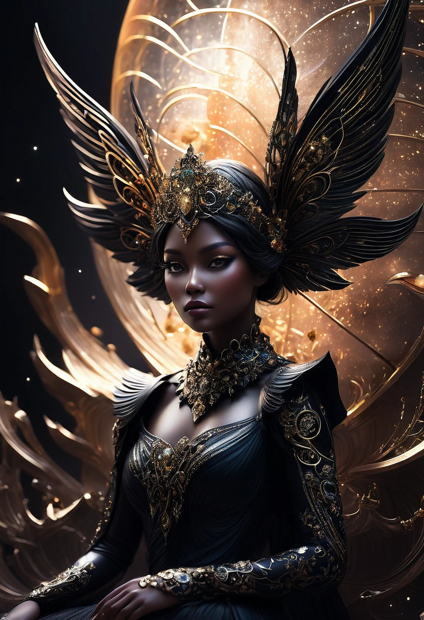 (((This is a dark image))). Generate a dark celestial woman with ((extremely perfect)) eyes and (((pure black galaxy skin))). Her ((onyx black)) but (soft) face should be highly detailed and realistically shaded with puffy lips. (((Her face is important.))) Her wings are delicate but stunning, with many small fantasy details. This is a (((masterpiece))). Utilize dynamic composition and expressions to create a cinematic experience. Include glittering and delicate jewelry. The background of the image should be pure back, leaving the woman as the focal point of the image. ((dark celestialskin body, void cosmic body)), ornate, (((dark background))), (((lights off))), (((hollywood dark))), horror, dramatic shadows, (in a dark fantasy space:1.3, glitter, sparkle, gleam),,1÷10×√(50)×tan(78)+125^(2)÷√(8.888), fractal,organic matter, cellular colony, deep wiew,4k resolution,hyperdetailed, masterpiece, 3d modelling, abstract art, digital art
