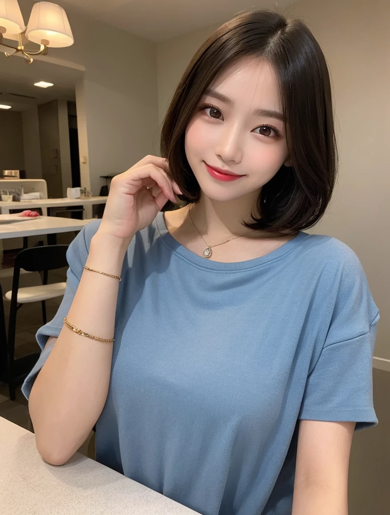 Tabletop, Highest quality, Super detailed, In detail, High resolution, 8k wallpaper, Perfect dynamic composition, Beautiful attention to detail,Short Bob Hair,Small breasts 、A noble brand of clean, oversized clothing、Natural color lip, Bold sexy pose,smile,20-year-old girl、cute、sexy shot looking at camera、High angle shot、tongue、teeth、Curvy but slim、bracelet、Wink、Natural Cheek、Natural Makeup、Paris Fashion Week、actor、Looking up、
