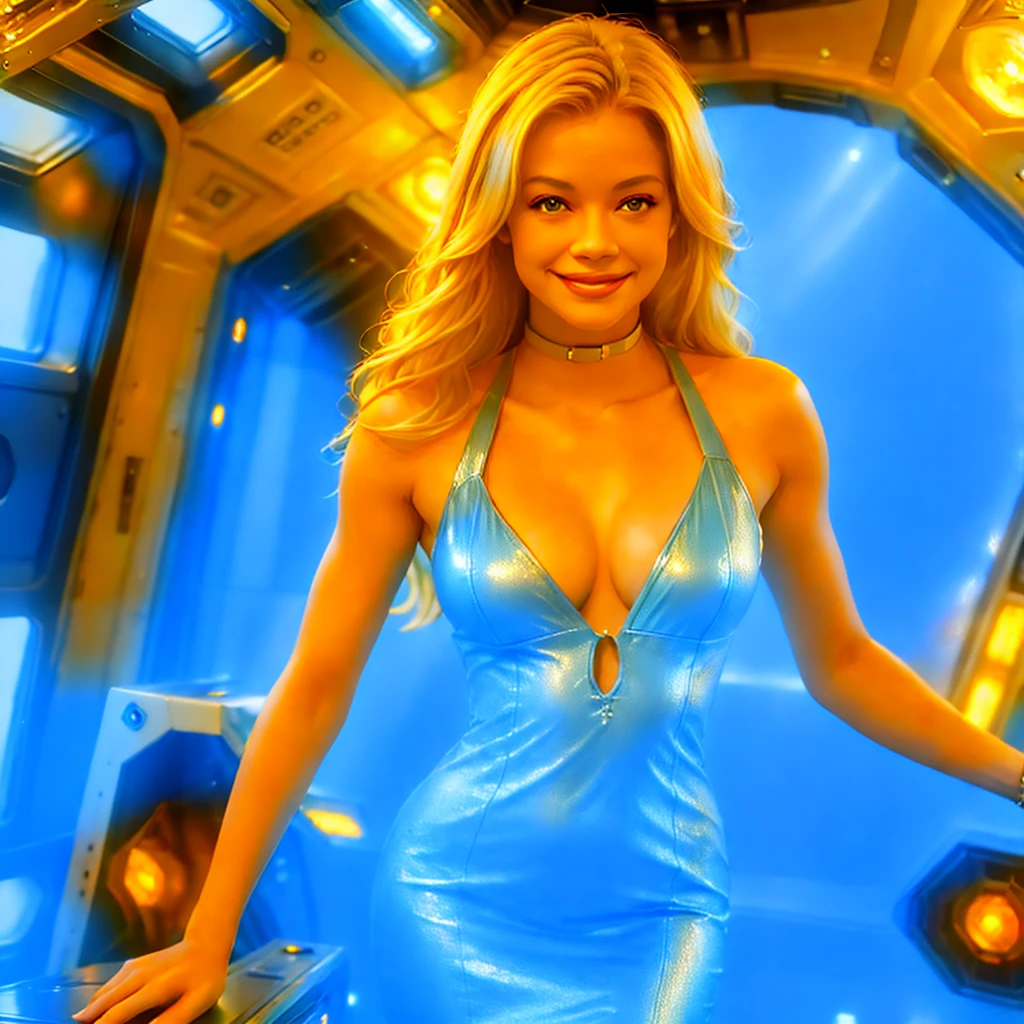 Masterpiece illustration, very detailed face, a beautiful 25 year old Jeri Ryan, luscious short blonde hair, radiant blue eyes, kissable lips, sweet smile, heavy dark eye makeup, friendly and inviting, fit bombshell body, short dress standing in a spaceship room, in tight short teal dress, wearing futuristic clothing, wearing fantasy clothing, futuristic clothing, biopunk futuristic wardrobe, futuristic clothes, very beautiful with space outside the window, in the lobby, holographic tech displays, ambient light from displays, rim light,