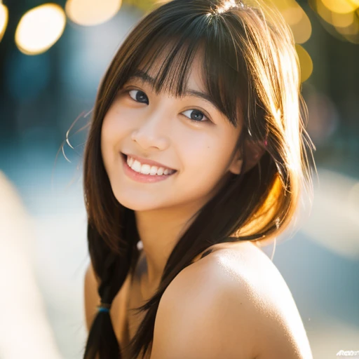 lens: 135mm f1.8,(Highest quality), (Beautiful 12 year old Japanese girl), (Moist lips), Narrow eyes, double eyelid,Delicate clavicle,Flat Chest,Shortcuts,
(Let me'Let's take another look), shame, A faint smile,
(Spotted sunlight:1.2), Dramatic lighting,
(Completely naked), (Sunburned skin:0.2),Full body photo、Full Body Focus、Full Body Shot、 figure、、Underdeveloped flat chest、Showing from the knees up、smile