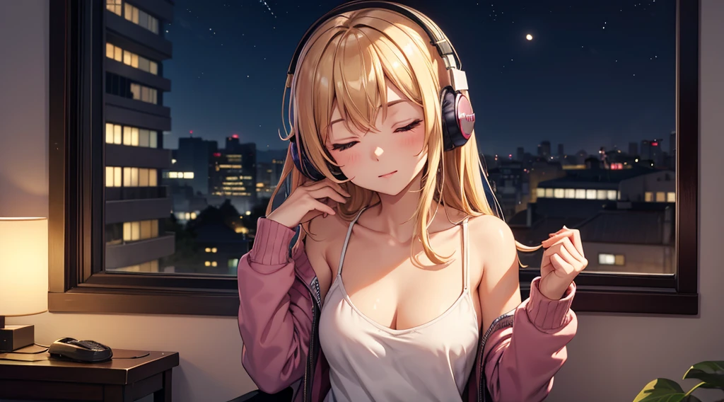 Girl with headphones enjoying music in a home　I am studying　Emphasize a little bit of the big chest　Looking towards me with eyes closed　Night Background