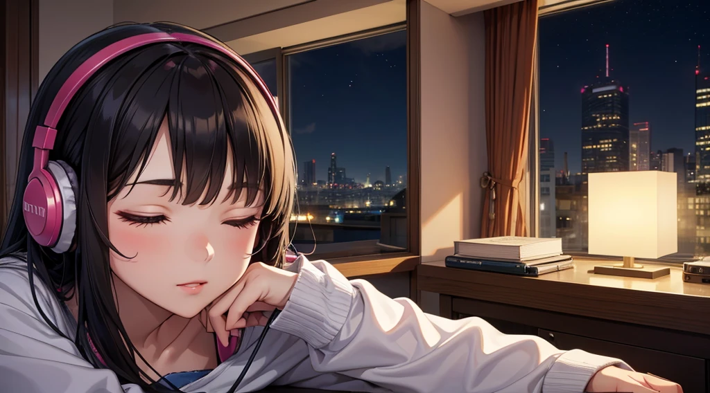Girl with headphones enjoying music in a home I am studying Emphasize a little bit of the big chest Looking towards me with eyes closed Night Background