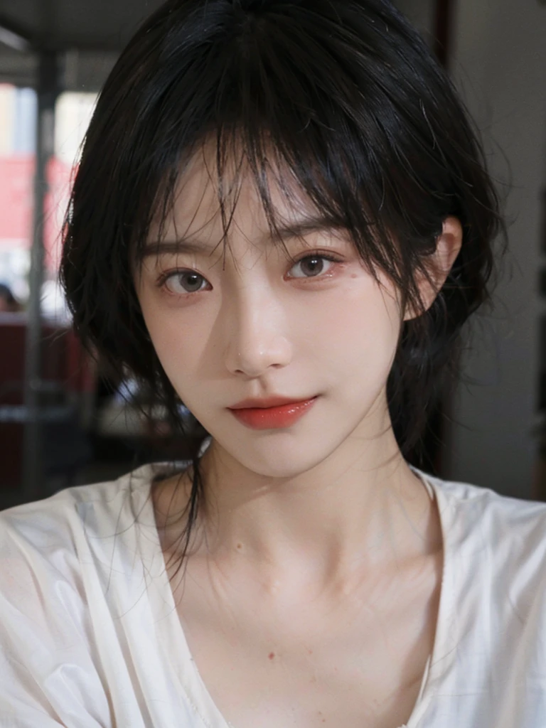 (Skin details:1.4), (smooth skin textures:1.3), （Upper body：1.4），（Upper Body：1.3）Lipstick, background, earrings, serene, calm, (Realistic and detailed eyes：1.2）, Natural skin texture, Realistic facial details, Soft dramatic lighting, Vivid details, 35 mm film, outdoor, (Photo Practical:1.4), (hyper Practical:1.4), (Practical:1.3), (Smoother lighting:1.05), (Improve lighting quality:0.9), (Highest quality real skin textures:1.4), Exquisite eyes, Delicate face, Close-up of face, (Enhance the beauty of skin texture:1.1), Hair details,（Large Breasts：1.3）normal body ratio, short hair, Moles under the eyes, A faint smile,Portrait Photography, Depth of Field, Bokeh, Surrealism, Ray Tracing, (Portrait Photography:1.1), Surrealism, High Detail, Chiaroscuro, Ray Tracing, reflected light, Ultra HD, Ultra HD, masterpiece, Textured Skin, Super Detail, High Detail, high quality, best quality