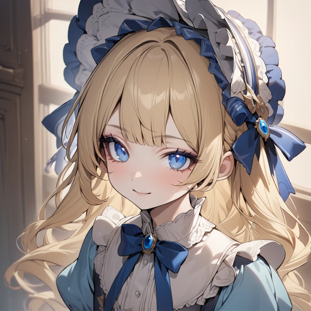 Blonde hair,sidecurls,curls,blue eyes,long eyelashes,light blue victorian dress,puffy short sleeves,frilled dress,collared dress,frilly wide brimmed Bonnet with bows,fringe bangs,bustshot,masterpiece,highress,soft smile,bishoujo,peter pan collar,