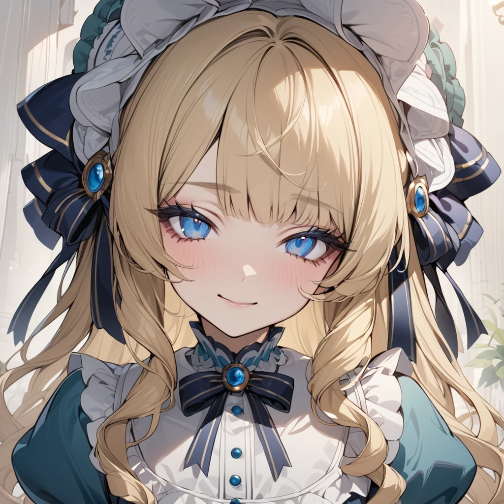 Blonde hair,sidecurls,curls,blue eyes,long eyelashes,light blue victorian dress,puffy short sleeves,frilled dress,collared dress,frilly wide brimmed Bonnet with bows,fringe bangs,bustshot,masterpiece,highress,soft smile,bishoujo,peter pan collar,