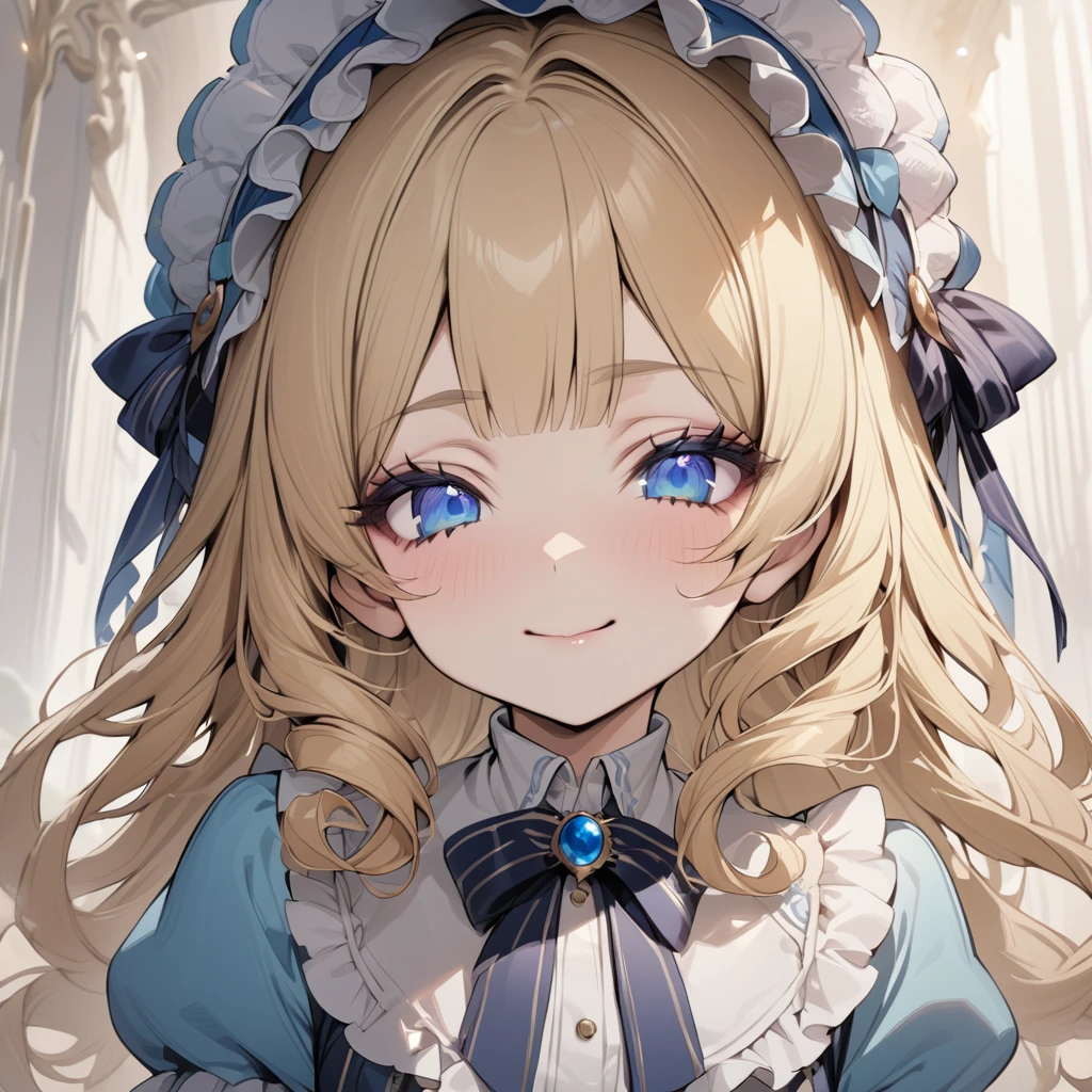 Blonde hair,sidecurls,curls,blue eyes,long eyelashes,light blue victorian dress,puffy short sleeves,frilled dress,collared dress,frilly wide brimmed Bonnet with bows,fringe bangs,bustshot,masterpiece,highress,soft smile,bishoujo,peter pan collar,