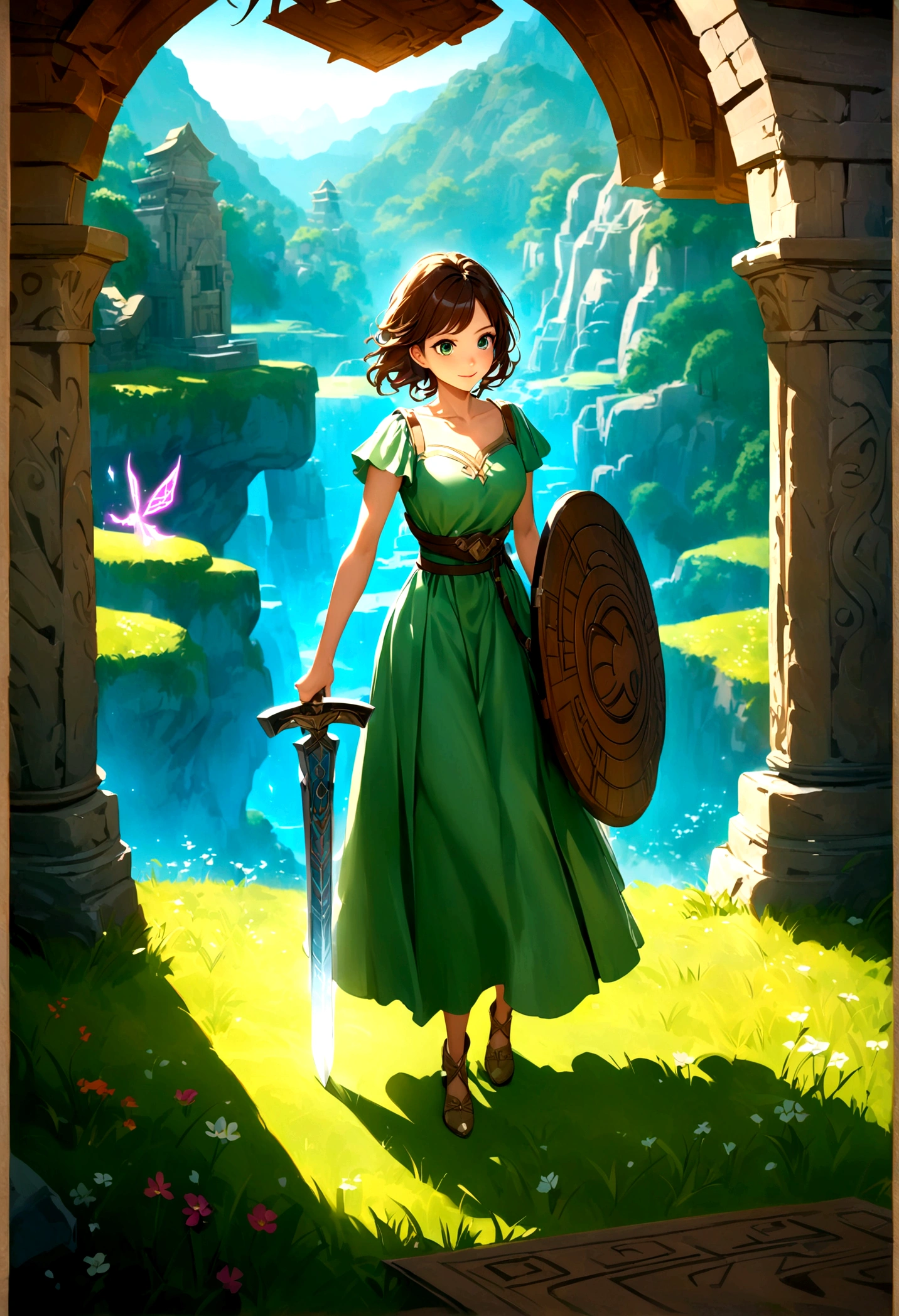Adventurer princess, (green dress:1.2), short brown hair, big eyes, smiling, holding sword and shield, ancient temple, mysterious maze, mysterious runes, old stone tablet, green grass, (flowers:1.1), magical elements, flying dragon, mysterious creatures, charming scenery, dynamic battle, dreamy atmosphere, outdoor, rich colors, epic scene, fine and delicate light and shadow, evening, sunny, full body, from above, nice hands, perfect hands, 8k, Best quality, photorealistic