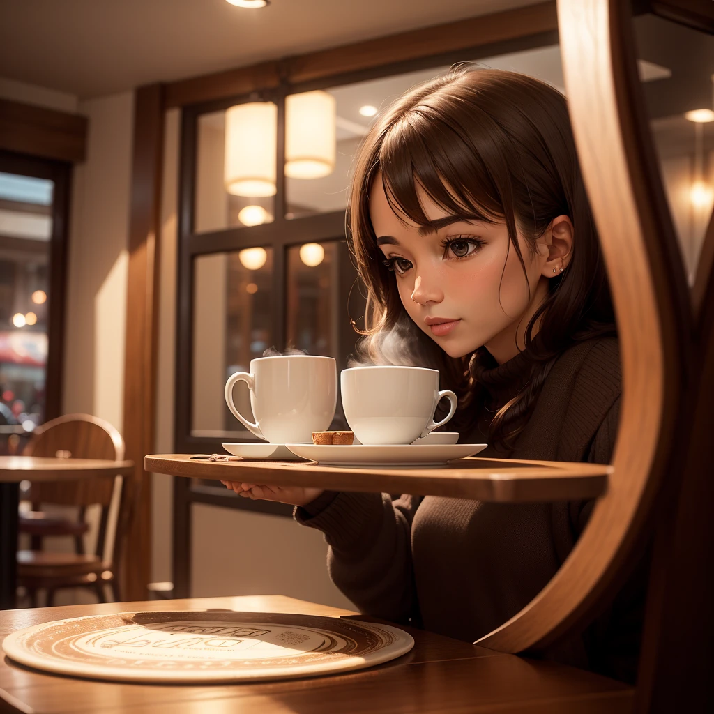 there is a cup of coffee on a saucer with a book, sitting on a mocha-colored table, cozy cafe background, cup of coffee, morning coffee, in a coffee shop, portrait shot, cappuccino, enjoying coffee at a coffee shop