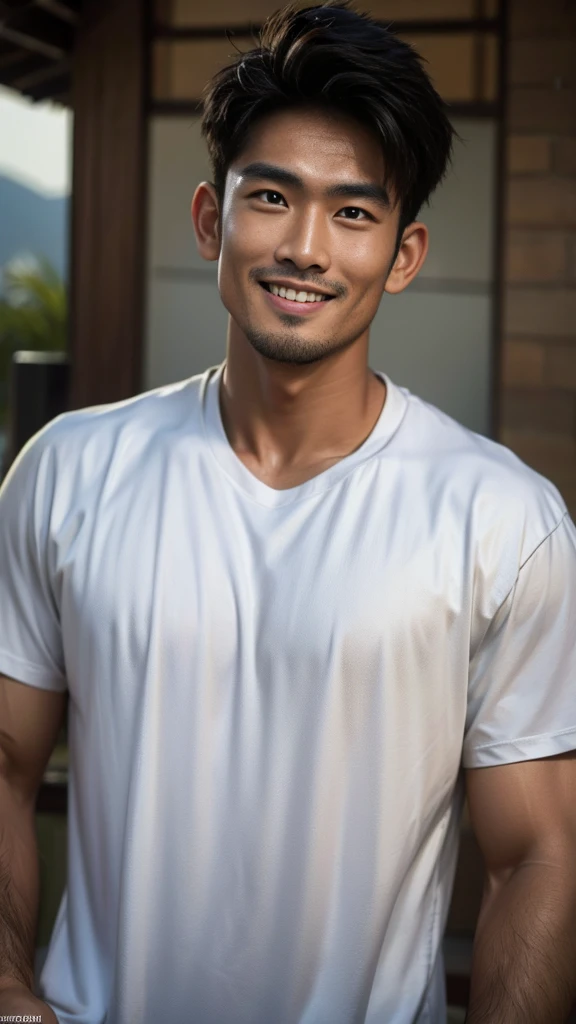 A Thai man, handsome, muscular, with big muscles, wearing a black t-shirt, standing and smiling.