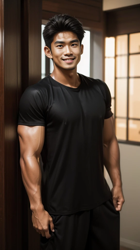 A Thai man, handsome, muscular, with big muscles, wearing a black t-shirt, standing and smiling.