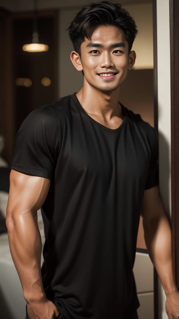 A Thai man, handsome, muscular, with big muscles, wearing a black t-shirt, standing and smiling.