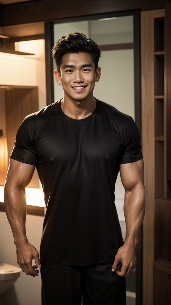 A Thai man, handsome, muscular, with big muscles, wearing a black t-shirt, standing and smiling.