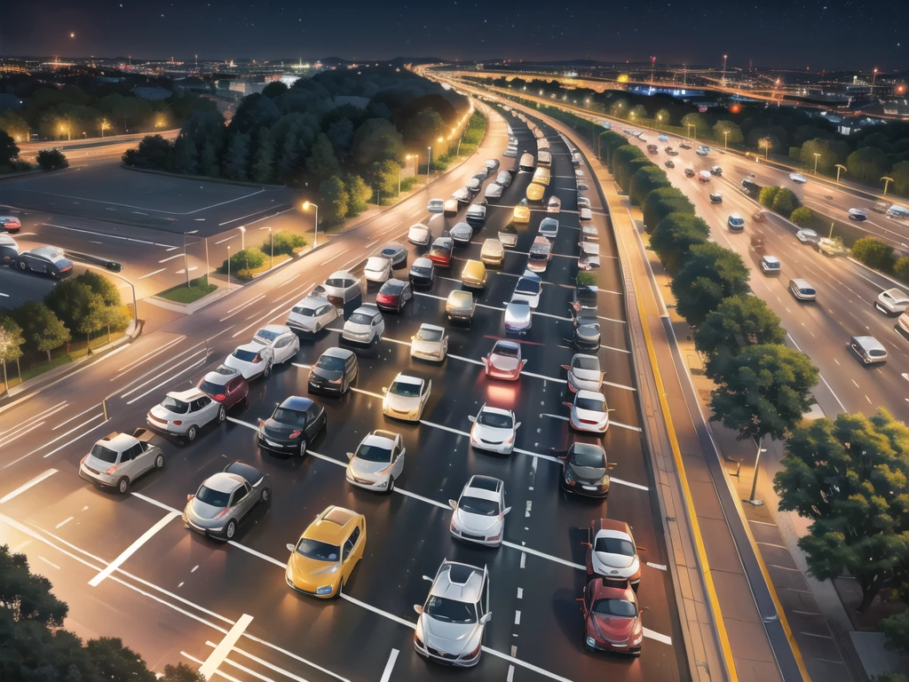 (Traffic jams, lots of cars, traffic jams. :1.2),road ,(รถวิ่งบนroad:1.2) capital landscape:1.5 ,(Many cars:1.2) ,nighttime 