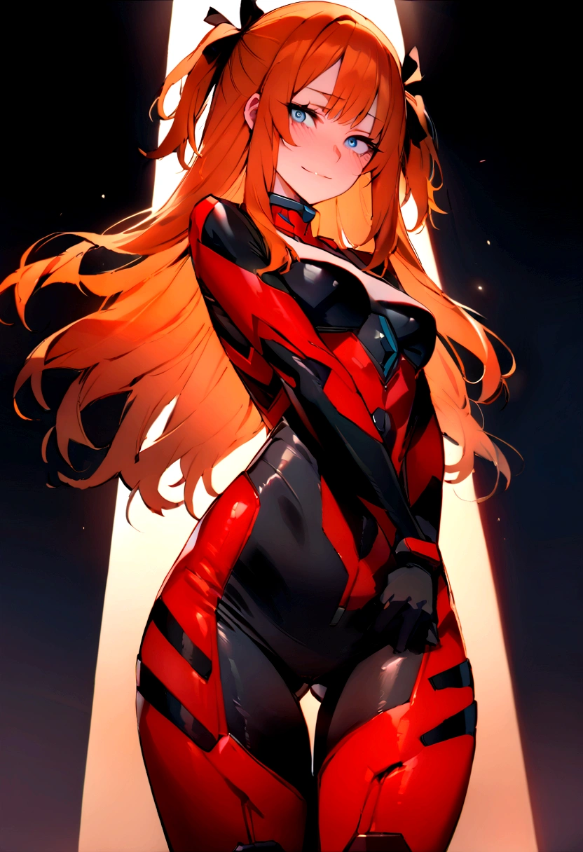 (masterpiece), best quality, expressive eyes, perfect face, 1girl, solo, blue eyes, dark orange Hair, Loose hair, hair ribbon, long hair, black ribbon, sidelocks, bangs two side up, smile, black and red skin-tight battle suit, slim figure, looking at viewer