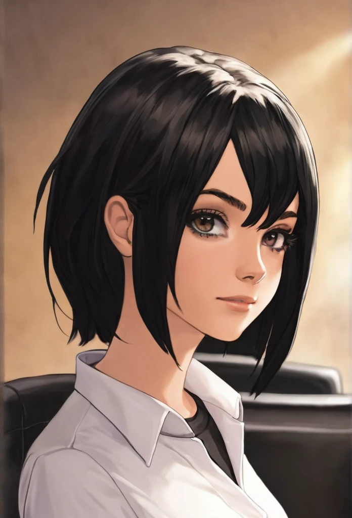 18 years old, female, human, receptionist in adventures guild, black hair, black eyes, short hair,