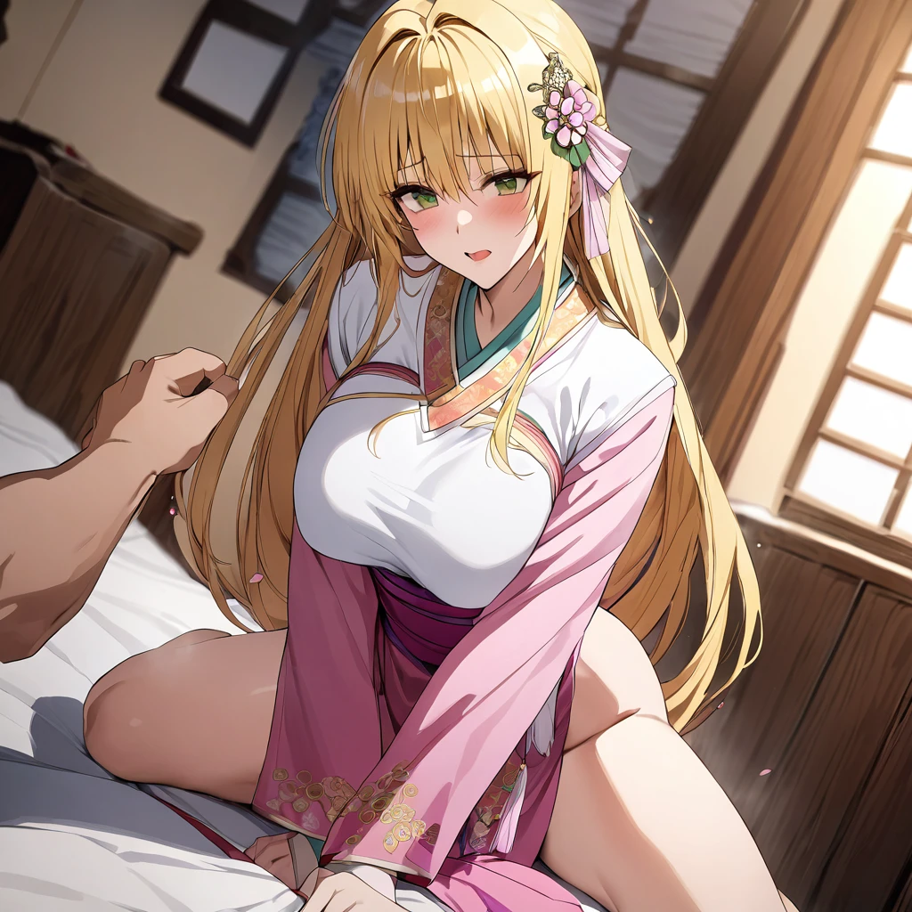 The woman is pushed down onto a large bed and raped by naked men, gang-raped and violated until a huge amount of semen overflows from her pussy.、((Highest quality)), ((masterpiece)), (detailed), (Perfect Face)、The woman in the Korean palace is a Korean Tiayoo, wearing a gorgeous and glittering hanbok (traditional Korean dress) in a Korean mansion, with a gorgeous hair ornament, gorgeous jeweled accessories, and an engagement ring.、The woman is an elegant tiare with green eyes and medium-long blonde hair. The woman is a Korean tiare wearing a hanbok.