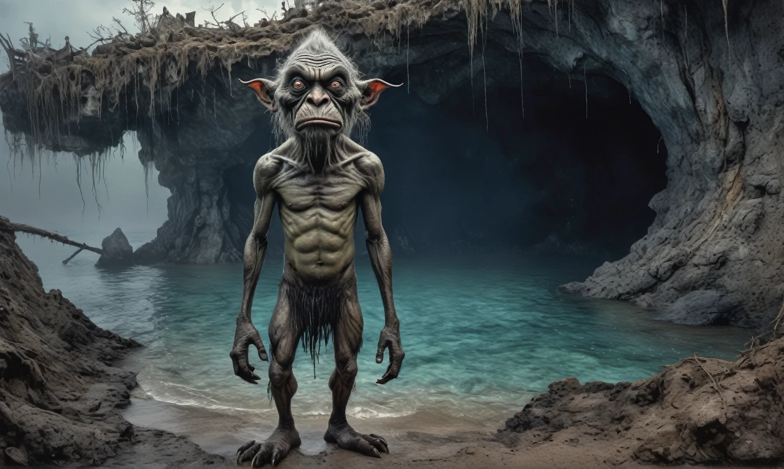 full body length shot,hyperrealistic, very smart, beautiful image, in childhood memory, eyes anatomically correct,Ultra HD,HDR,hyper realism, hyper detailed,extremely Realism,Ultra Detailed,body logically correct,Extremely detailed,High contrast,Masterpiece,Realism,Ultra Detailed, intricate details,realistic humid leather, cinematic style,irina yermolova,high contrast,hdr,extremely detailed, ,intricate details,faded,eyes extremely detailed,Silverclaw,view from height,full-body-shot,,eyes extremely detailed, high detailed eyes,16k resolution,RAW, Nikon Z9,chinese orc's village of fishers on seaside,authentic,full body length,Labradorite native italian troll ,pretty face,eyebrow up,full body shot,ominous landscape,glate gray atmosphere,by art Simon Stalenhag,Nicola Samori,(((Wangechi Mutu))),MIk Kil Cenote of Yucatan of Mexico