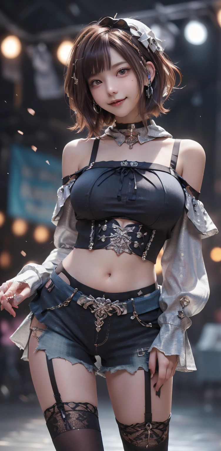 (Full body image:1.3)、(Beautiful lips and nose:1.4)、(Side view:1.1)、(Smiling with teeth showing:1.3),(Fashion Model:1.5)、(Shabby Gothic ta outfit with intricate embellishments:1.5)、(White off-shoulder hoodie:1.5)、(black, Silver and white shorts:1.4)、(denim garter belt:1.5)、(black and denim knee socks:1.3)、(Skull Silver Accessories:1.5)、(Lace Color:1.3)、(Brown Skin Belt:1.4)、(Brown boots:1.2)、(Polka dots on underwear:1.4)、23 years old、((Highest quality、In 8K、masterpiece:1.3))、Sharp focus:1.2、(Layered Cut、Huge boobs:1.4),Beautiful girl with a perfect figure:1.4、(Dance vigorously:1.3)、Slim Abs:1.2、Highly detailed face and skin texture、fine grain、double eyelid,(Bob Cut Hair:1.3)、(Brown Hair:1.3)、idol carving、(The background is a gorgeous dance hall.:1.3)、(the body is slim:1.2),(Slimming your legs:1.4),(clavicle:1.1)
