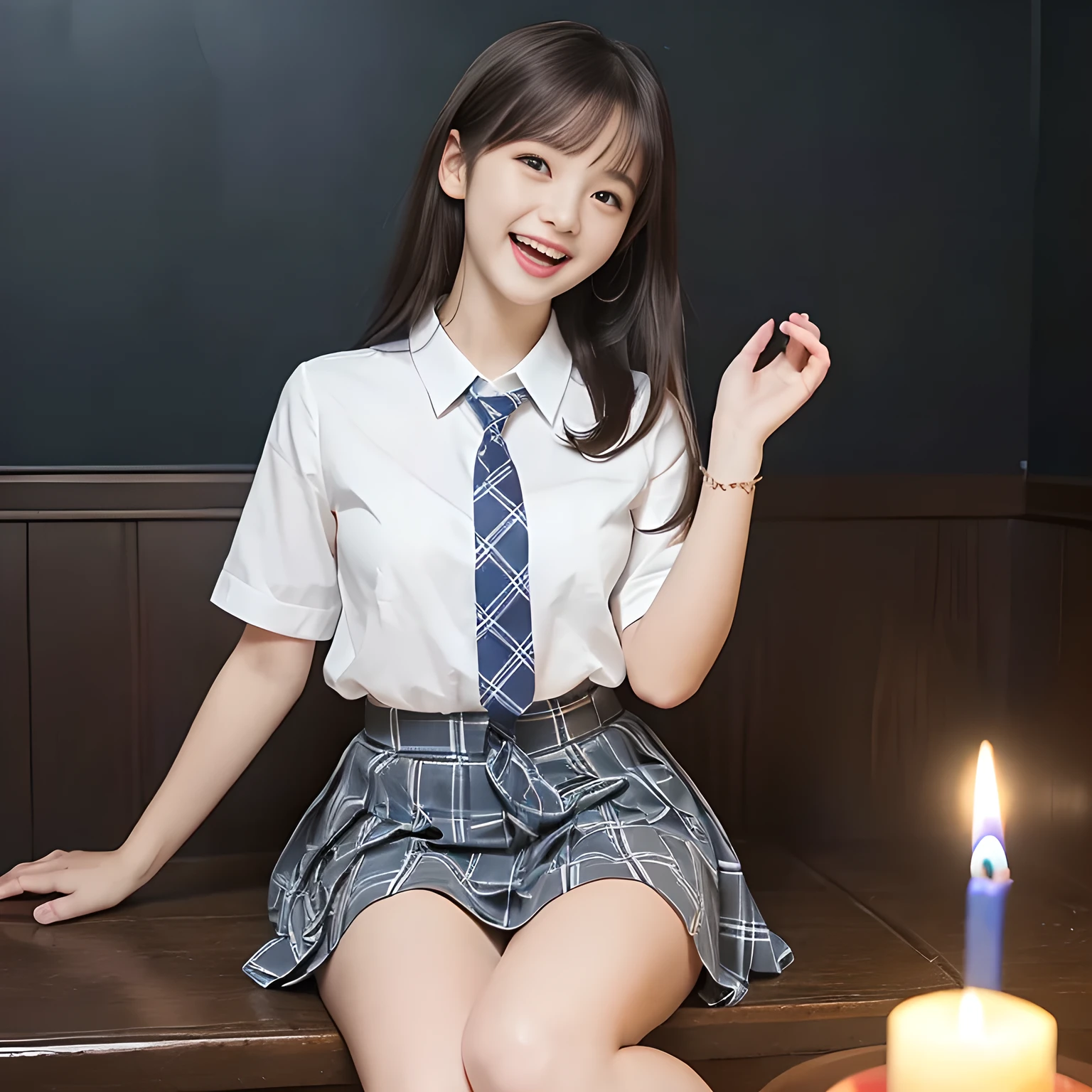 (highest quality, masterpiece:1.2), highest quality, High resolution, 1080P, 8K, Height: 158cm, ((A noble and intelligent girl like Japanese cute girly lady is hypnotizing and giggling, A very sweet, very noble, pretty and neat Japanese beautiful cute girl. Realistic very girly sweet cute noble girl like a princess is seated in many evil candles)), ((Completely black room with candles)), ((((, popular Japanese cute fashion model)))), ((((Extremely pure white face and hands and legs)))), Glossy lips, (Evenly cut bangs), ((Very beautifully laughing brown drooping gooey cute neat noble eyes)), ((straight black very very long straight hair)), Very lustrous, glossy lips, Open hand over open mouth, Beautiful straight hair like a hair model, Watching the viewer and laughing, ((Incredibly well organized, The expression is rich. plump and beautiful white skin and face)), ((Pure and clear sweetly smiling eyes)), ((smiling at me)), Glossy Lips, ((noble and neat)), ((Like a succubus is fascinating with magic and giggling)), ((((A succubus is fascinating and calling to the deeper place forever)))), Extremely beautiful blue skirt, ((highly up-curved lips)), ((looking at the viewer directly)), white hands, ((Navy and sapphire blue Japanese school uniform tartan checkered pleated long skirt, Blue string ribbon tie)), ((((An ecstatic face expression of boundless joy)))), ((black background))