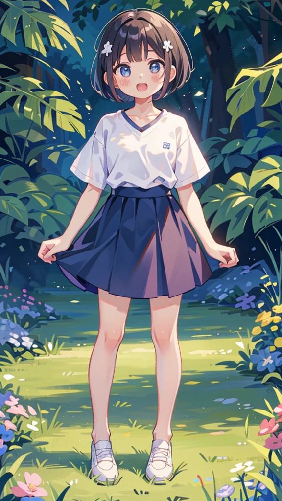 Highest quality、High resolution、Detailed Background、(Beautiful face in every detail:1.4)、Anatomically correct、(Detailed facial expressions)、(fine grain:1.2)、Mr.々Cute hair color、Mr.々Hair style、Braided bob cut、Elementary school, (Deep V-neck T-shirt、Mr.々A cute skirt、Mr.々Cute shoes)、Perfect body line、Laugh with a big mouth、I can&#39;t see the teeth、Have bones, Pointing stick is a long bone、Point to the surface of the wall with the bone、Photographed from the front、Deformation、Chibi Character、