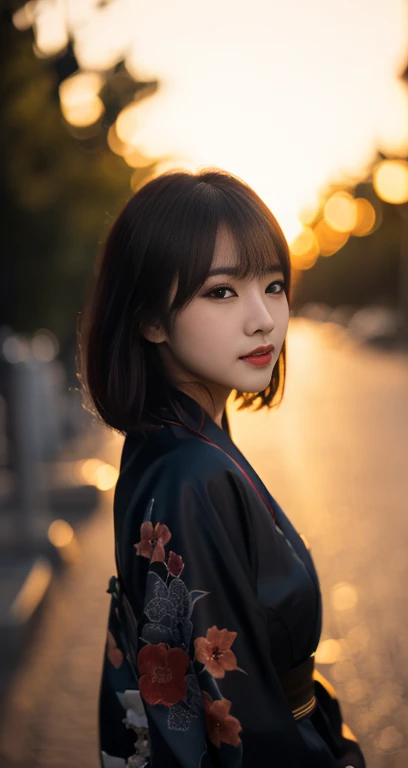(A pretty detailed woman in a black kimono dress, korean bob_hair_side_bangs, fair skin, dark lips, standing in a city parking lot at night, dark background, sunset, extremely detailed skin, extremely detailed eyes, depth of field, 8k, dslr, dim lighting, camera_flash, high quality, film grain, the_cowboy_shot)