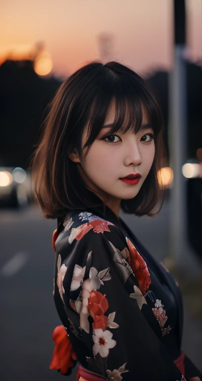 (A pretty detailed woman in a black kimono dress, korean bob_hair_side_bangs, fair skin, dark lips, standing in a city parking lot at night, dark background, sunset, extremely detailed skin, extremely detailed eyes, depth of field, 8k, dslr, dim lighting, camera_flash, high quality, film grain, the_cowboy_shot)