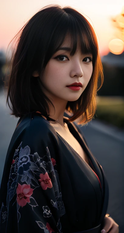 (A pretty detailed woman in a black kimono dress, korean bob_hair_side_bangs, fair skin, dark lips, standing in a city parking lot at night, dark background, sunset, extremely detailed skin, extremely detailed eyes, depth of field, 8k, dslr, dim lighting, camera_flash, high quality, film grain, the_cowboy_shot)