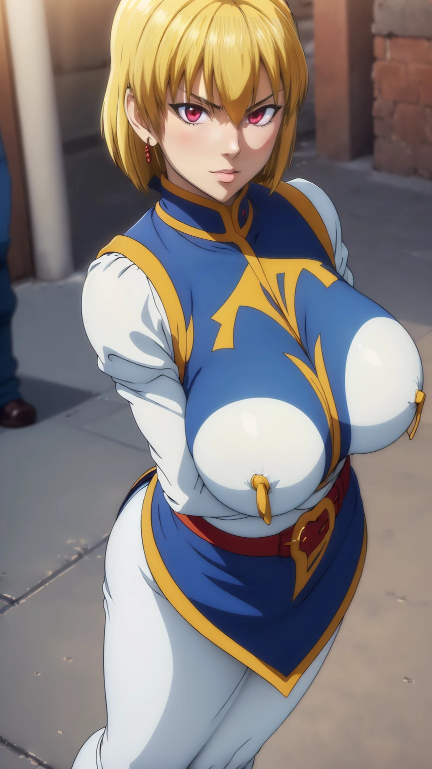 Turn your face and look straight ahead, Beautiful busty woman standing facing the front, (standing proud:1.4), (cowboy shot:1.2), (High Resolution), (Very Detailed), (Best Photo), (Best Quality), (Ultra Detailed), (masterpiece:1.5), very precise details,(Ultra High Resolution:1.4), the Extremely Detailed CG Unity 8K Wallpapers, highest quality, hight resolution, (Realistic, Photorealsitic, hyper realisitic:1.5), (Curve, Model, Farbe care:1.5), Farbe_aberration, the light shines on your face, profetional lighting, anime styled, beautiful hair, detailed hair,(Detailed Face), (Beautiful Detailed Eyes), Beautiful breasts, beautiful detailed shadow, Beautiful body, Beautiful skin, beautifull hands, precise details hands, beautiful fingers, very precise detailed fingers, (Ultra-detailed face, Detailed eyes:1.4), beautiful eyebrows, cool eyebrows, (Aesthetic Anime Eyes:1.4), (Light from the front :1.4), (1girl in:1.4),(Solo:1.4), (Mature face and body), (city center:1.3), (york:1.2), highrise buildings, daylight, on the street, cars, (Beautiful cute face), (beautiful female lips), Charming, ((aroused expression)), looks at the camera with a gentle smile, earrings glossy lips, (juicy female lips), perfect female body, Beautiful waist, beautiful long eyelashes , put hands on the hip, raise the corners of the mouth, tilt her head, 30year old, mature female, Kurapika, 1girl, ((scarlet eyes)), blonde hair, ((bob hair)), flowing hair, fluttering hair, long legs, very large breasts, long breasts, saggy breasts, hips wider than shoulders, wide hips, pelvic curtain, beautiful thighs, thick thighs, garnet earrings, simple clothess, ((full bodyblue tabard:1.4)), ((gold trim)), white shirt, long sleeves, puffy sleeves, white pants, ((simple yellow wide waist belt)), (blue very long skirt), (pantyhose:1.3), brown pantyhose, black high heels, pumps, hide breasts, full body
