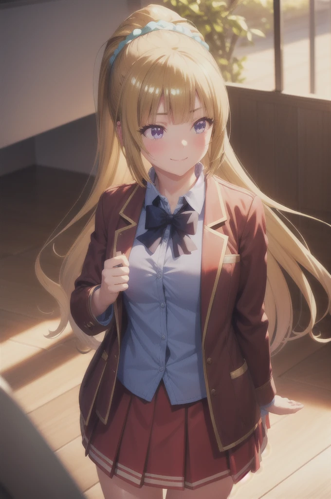 High resolution, A face with attention to detail, 1 Girl, alone, 超High resolution, Movie angle, Professional Lighting, Highest quality, masterpiece, Side Lighting, sharp, Perfect focus, Bokeh, photoRealistic, (Beautiful, detailed eyes: 1.3), Realistic, kei karuizawa, Long Hair, bangs, blunt bangs, (Purple eyes:1.1), Blonde, shirt, hair ornaments, ponytail, Scrunchie, blue Scrunchie, smile, break skirt, shirt, bow, , Jacket, (red Jacket:1.2), Pleated skirt, bowtie, sweater, (blue bow:1.2), (blue shirt:1.2), break indoors, classroom, classroomの椅子に座っている, break (masterpiece:1.2), Highest quality, High resolution, (Beautiful attention to detail:1.6), Highly detailed face, Perfect lighting, Highly detailed CG, (Perfect hands, Perfect Anatomy), , (3D Face:1.1), (Shiny skin:1.5), (超High resolution intricate face details), (Facial skin pores:1.3), 超High resolution cloth texture, 大きなsmile、Blushing、Open your mouth, Showing off her perfect legs