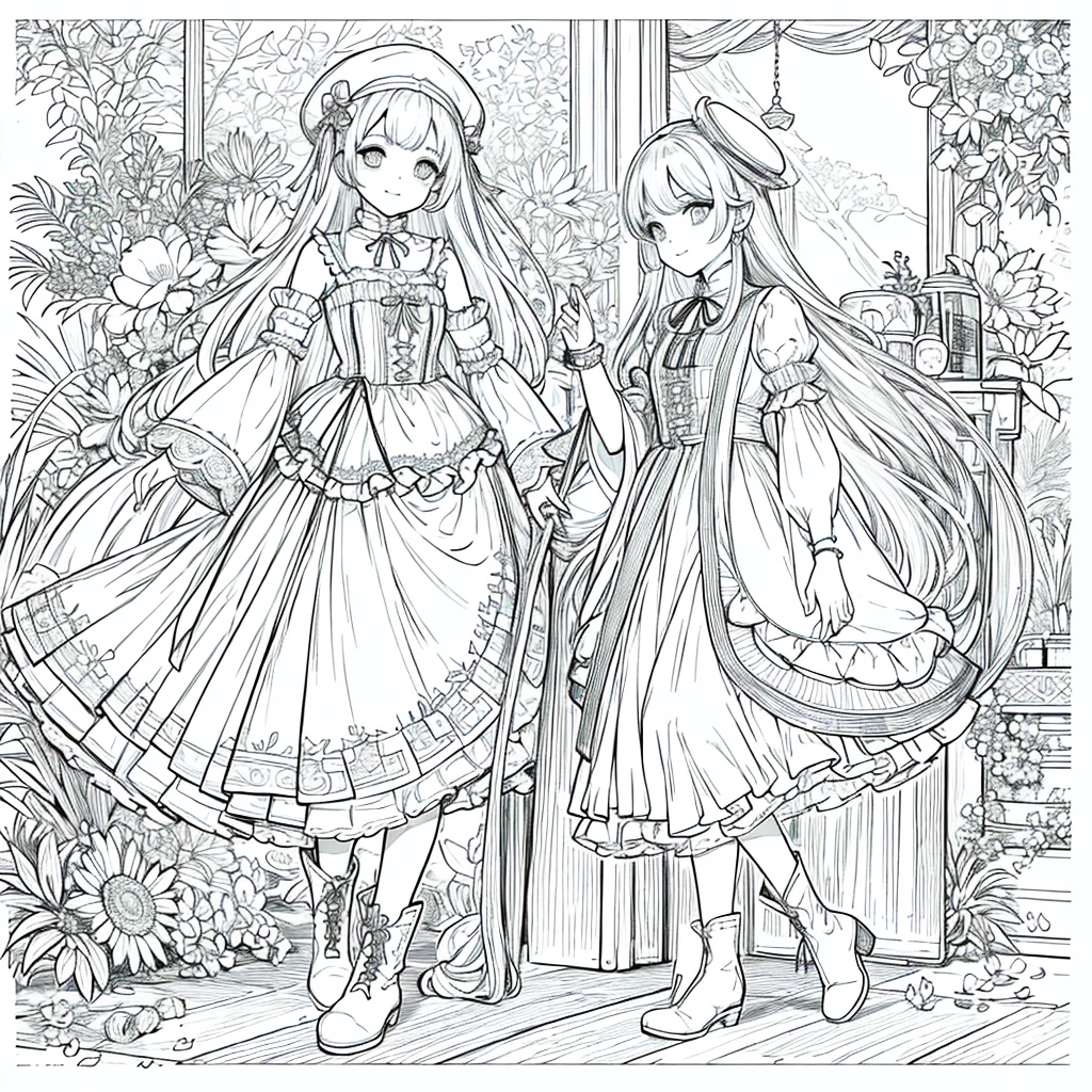 Line art background, background, Monochrome, Line art, ((sketch)),Highest quality,masterpiece,Monochrome,Line art,monochromatic,Create a detailed coloring book,girl、Big eyes、Patchwork Style、Bell Hat、Frills、ribbon、nice、Comfortable clothing、boots,beadeanwhile、bracelet、lute、flute、Magical Tools、bouquet、humor、Hilarious、joy、Free-spirited、gregarious