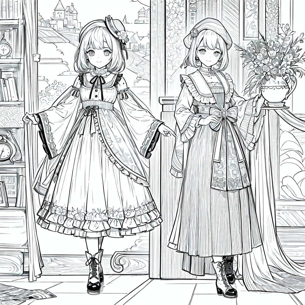 Line art background, background, Monochrome, Line art, ((sketch)),Highest quality,masterpiece,Monochrome,Line art,monochromatic,Create a detailed coloring book,girl、Big eyes、Patchwork Style、Bell Hat、Frills、ribbon、nice、Comfortable clothing、boots,beadeanwhile、bracelet、lute、flute、Magical Tools、bouquet、humor、Hilarious、joy、Free-spirited、gregarious