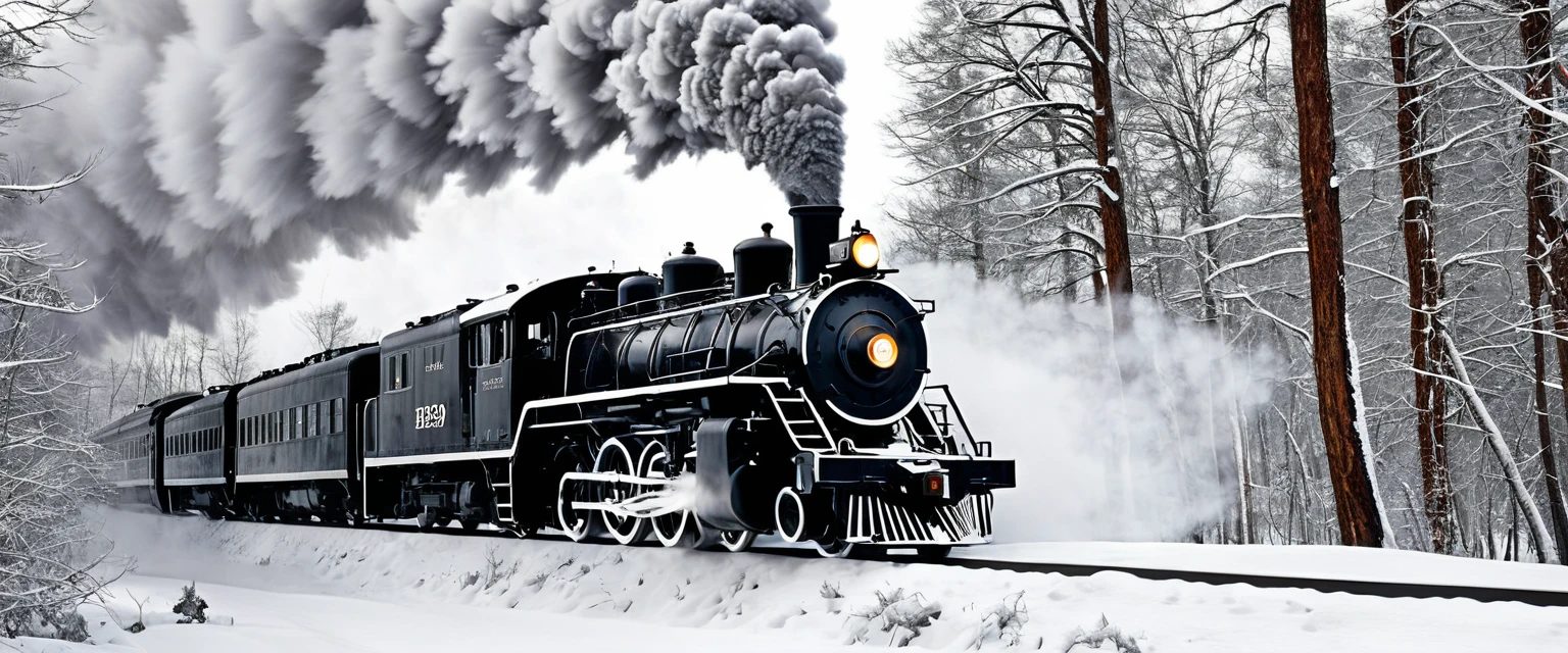 A black and white steam locomotive chugs through a snow-covered forest, its wheels crunching against the icy tracks. The train's white plume of smoke billows into the air, contrasting with the dark trees that line the tracks. The snow-covered landscape stretches out into the distance, a pristine winter wonderland.