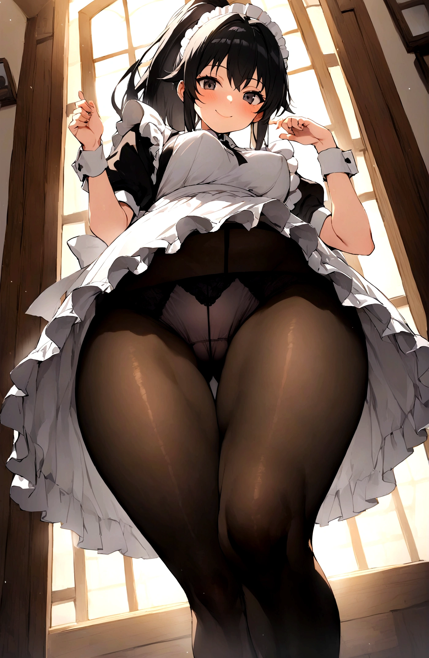 One Woman、stage、stageを登る、Beauty、たくさんのMaid達、Western-style building、Luxury House、淫乱Maid、Maid、Maid服、Age 25, ponytail, Highest quality, Focus on the thighs, smile, Black Pantyhose, panties under pantyhose、Plump thighs、Big Ass、Big 、 Black Hair,My thighs are steaming between my legs 、Steamy pantyhose、Angle from directly below、