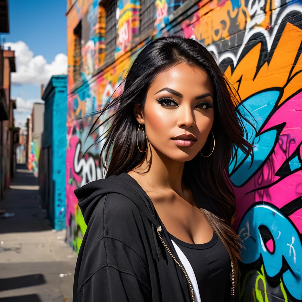 Prompt: Envision capturing a close-up shot of a vibrant, bold stunningly beautiful woman against the backdrop of graffiti-filled urban walls. This scene should reflect the raw energy and expressive nature of urban street art. Graffiti is all about making a statement - it's loud, colorful, and unapologetically honest. Your subject, the woman, should embody this spirit – her style, stance, and expressions revealing insights into her character. Use natural or urban lighting to bring out the vivid colors of the graffiti, casting dramatic shadows that highlight the texture and depth of the artwork behind her. Embrace the wide view of the graffiti-covered cityscape as an intriguing backdrop subtly suggesting her connection to street culture. But remember to keep her as your main focus. When framing your shot, ensure you leave ample space around her. This not only adheres to photographic rules of composition but also emphasizes her dominance within this vast canvas. Avoid cluttering your shot with too many elements, maintaining graffiti's raw and minimalist approach. Instead aim to capture an atmospheric portrait that weaves a story about the woman, her personality and her relationship with the urban environment surrounding her. Consider using equipment like Canon EOS 5D Mark IV & EF 24-70mm f/2.8L II USM for detailed capture and wide-angle possibilities. Remember, your goal goes beyond just snapping a photo - it's about crafting a narrative that reflects graffiti’s boldness and expressiveness.