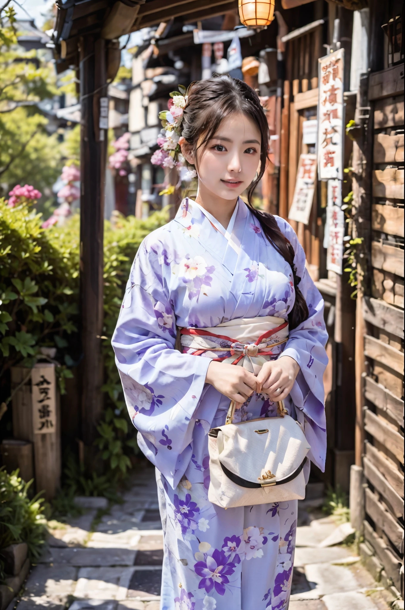 (16K), (Highest quality: 1.2), (Realistic), (Realistic: 1.37), Very detailed, Professional Lighting, Reference Version, Araffe woman in white kimono with purple purse and purple purse, kimono, Elegant yukata, kimono, royal kimono, yukata, Haori, wearing Japan kimono, Japanese style, Wearing a colorful yukata, pale colored kimonofemale, kimono, Japanese women, Traditional Japanese