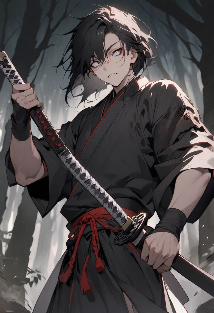 young man with calm face ,Male Dark, dark Woods,Red & Black colors, pale eye, samurai dnd, ronin background, hold katana in right hand
