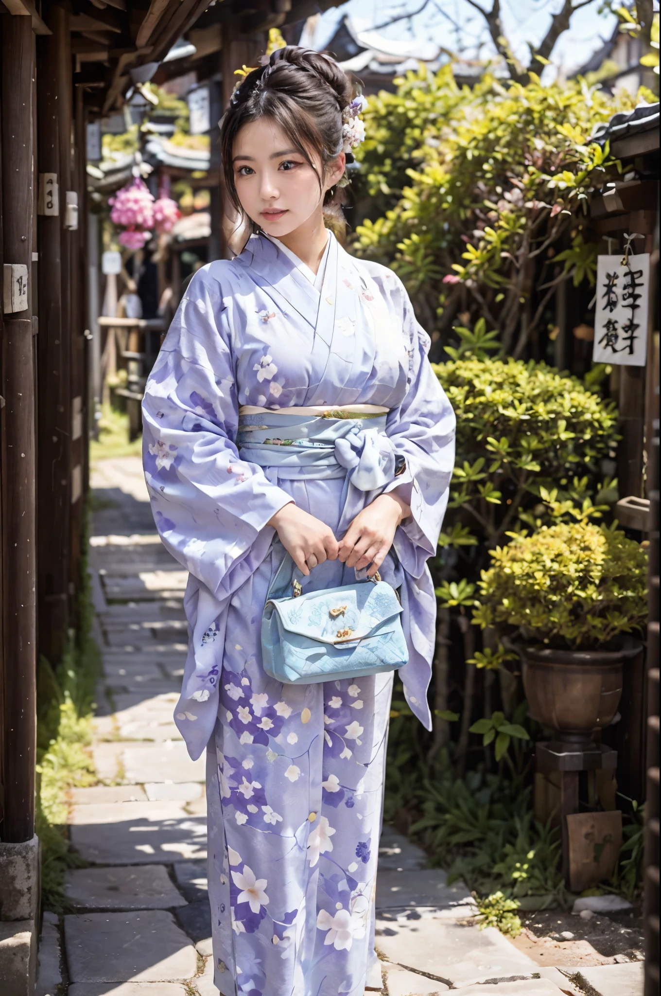 (16K), (Highest quality: 1.2), (Realistic), (Realistic: 1.37), Very detailed, Professional Lighting, Reference Version, Araffe woman in white kimono with purple purse and purple purse, kimono, Elegant yukata, kimono, royal kimono, yukata, Haori, wearing Japan kimono, Japanese style, Wearing a colorful yukata, pale colored kimonofemale, kimono, Japanese women, Traditional Japanese