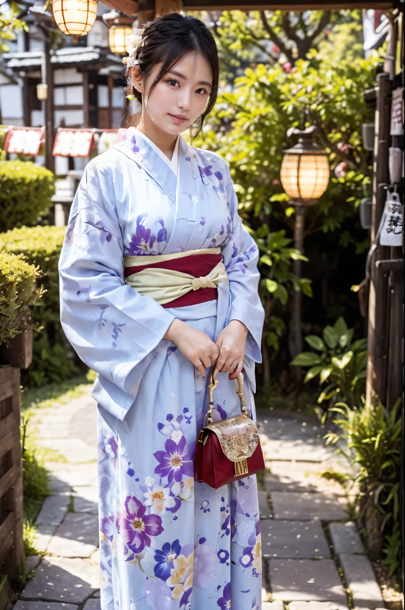 (16K), (Highest quality: 1.2), (Realistic), (Realistic: 1.37), Very detailed, Professional Lighting, Reference Version, Araffe woman in white kimono with purple purse and purple purse, kimono, Elegant yukata, kimono, royal kimono, yukata, Haori, wearing Japan kimono, Japanese style, Wearing a colorful yukata, pale colored kimonofemale, kimono, Japanese women, Traditional Japanese