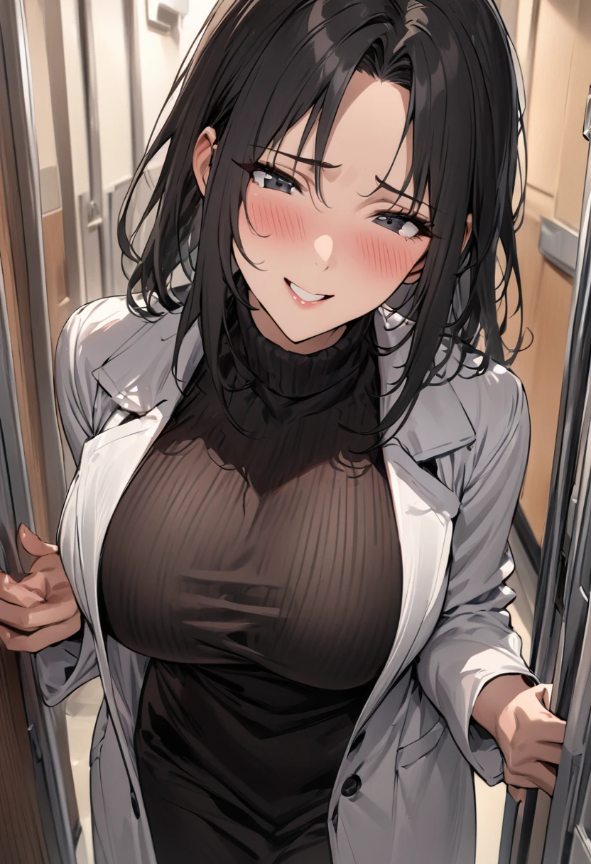 1lady solo doctor, /(labcoat sweater/), mature female, /(black hair/), blush kind smile, (masterpiece best quality:1.3) delicate illustration ultra-detailed , large breasts BREAK /(hospital hallway/)